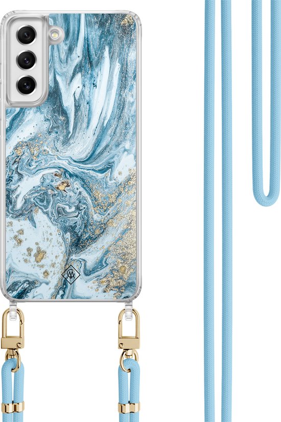 Casimoda® coque avec cordon - Convient pour Samsung S21 FE - Marble Sea - Cordon amovible - TPU/polycarbonate - Blauw