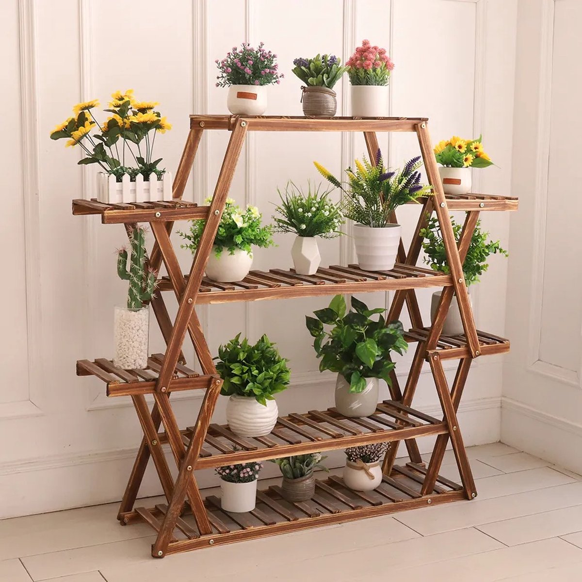Eszenzics™ Driehoekige Plantenrek Massief Grenen houten bloempot rek 6 laags voor Binnen en Buiten