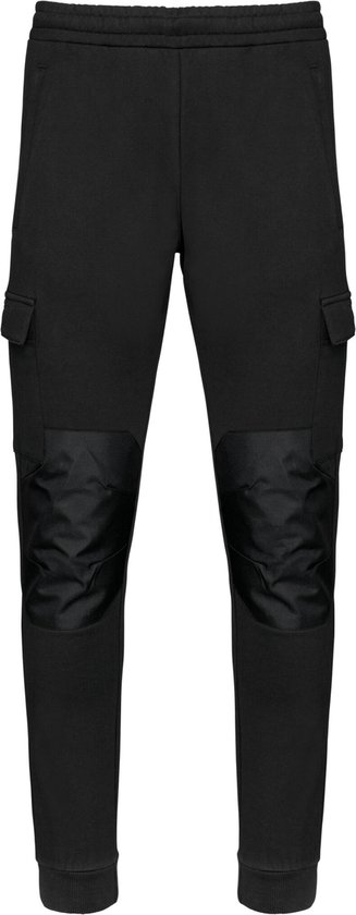 Pantalon cargo noir en molleton avec ceinture élastique, poches cargo et genoux renforcés cousus.