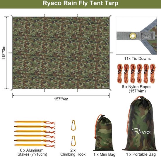 Camping tentzeil, 3 x 4 m, waterdicht, voor hangmat, met 6 haringen en 6 touwen, anti-uv-regen, zonbescherming, licht, compact grondzeil, picknickdeken, hammock, voor buiten, camping, herbruikbaar van Camp — afbeelding 4