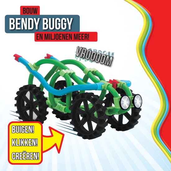 Groen en blauw gebouwde buggy met vier zwarte tandwielen en koplampen. Tekst: 'VROOOOM'.