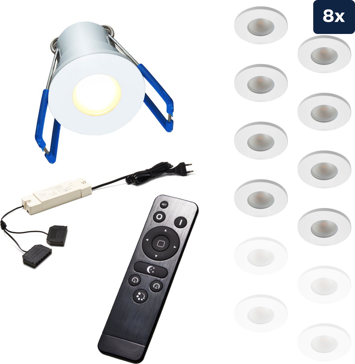 Ledisons Varese Set met 8 witte LED inbouwspots en afstandsbediening dimbaar 3 jaar garantie 2700K (extra warm-wit) 200 Lumen 3W IP65