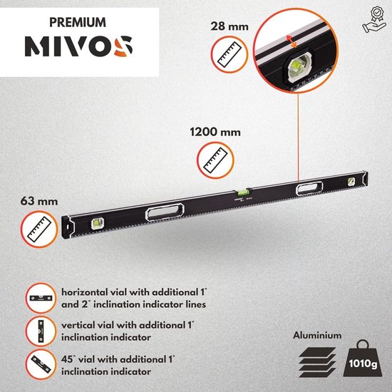 MIVOS Aluminium Waterpas 40 Cm Met Magneetsysteem En Behuizing Magnetische 3 Libellen Hoge Nauwkeurigheid Magneetwaterpas Maximale Precisie 2594438196