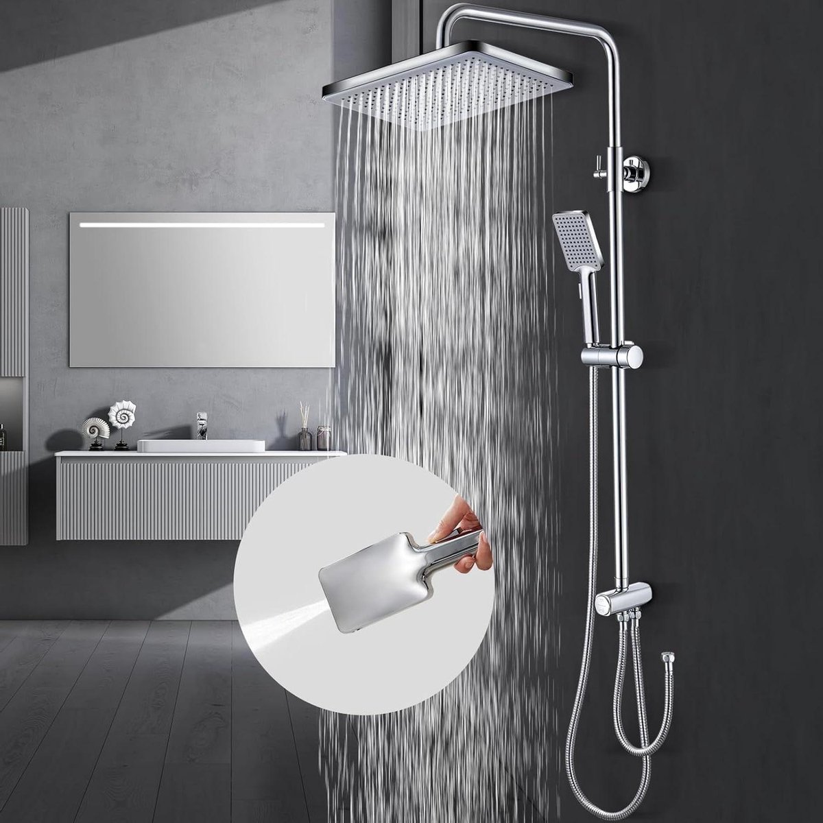 Douchekolom zonder mengkraan - Complete set douchesysteem voor hydromassage - Regendouchevierkant 30x20cm - ABS-douchekop met handdouche - 2 functies