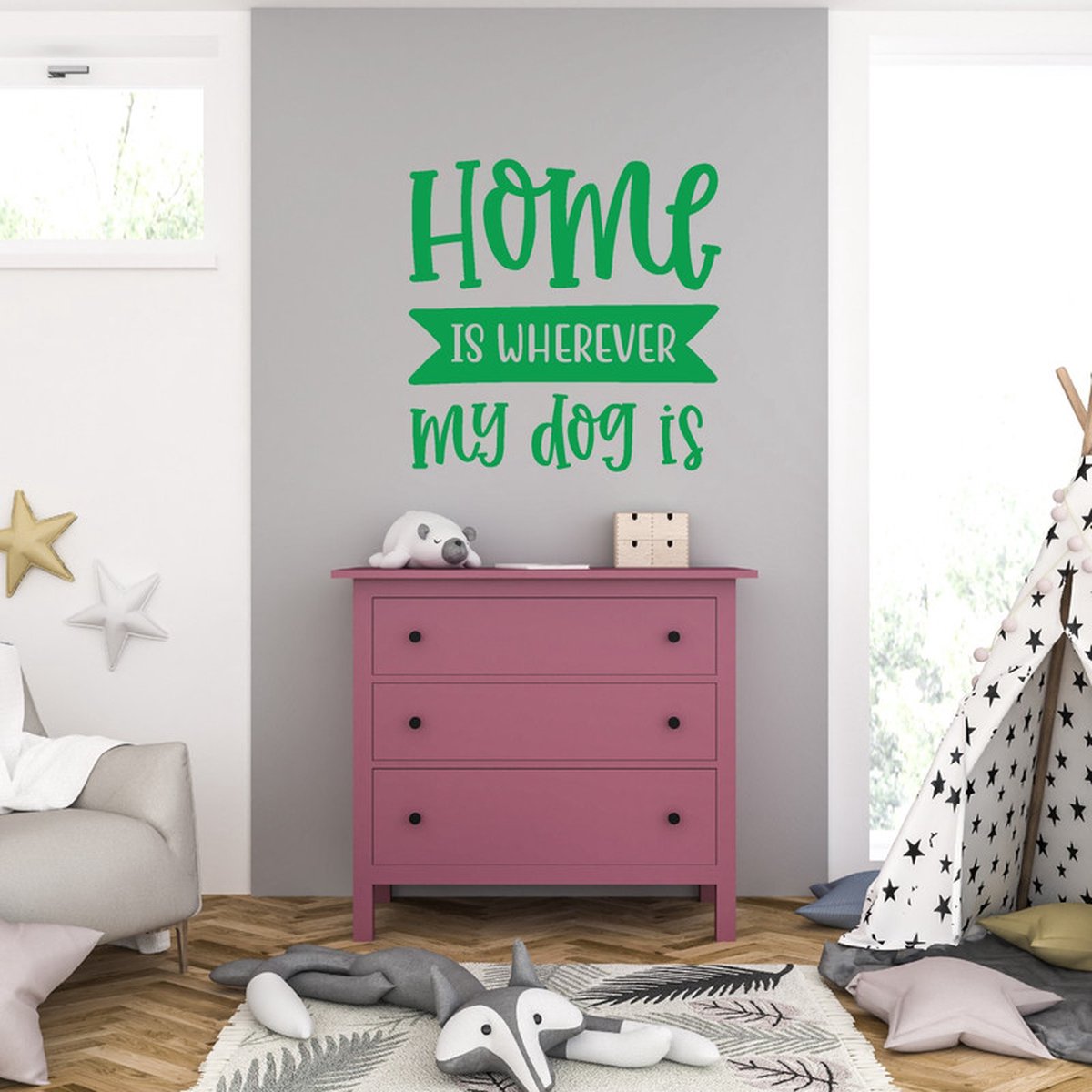MC Living Muursticker - Home Is Wherever My Dog Is - 46,4 x 46,4 - Groen
