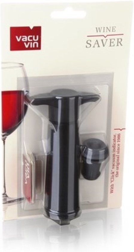 Verpakking van een VacuVin wijn bespaarder vacuümpomp met dop, met een glas rode wijn.