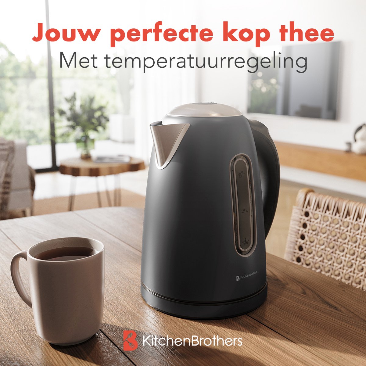 KitchenBrothers Waterkoker - Met Temperatuurregeling - Elektrisch - PFAS- & BPA-vrij - Met Kalkfilter - 1,7L - Zwart/RVS — afbeelding 2