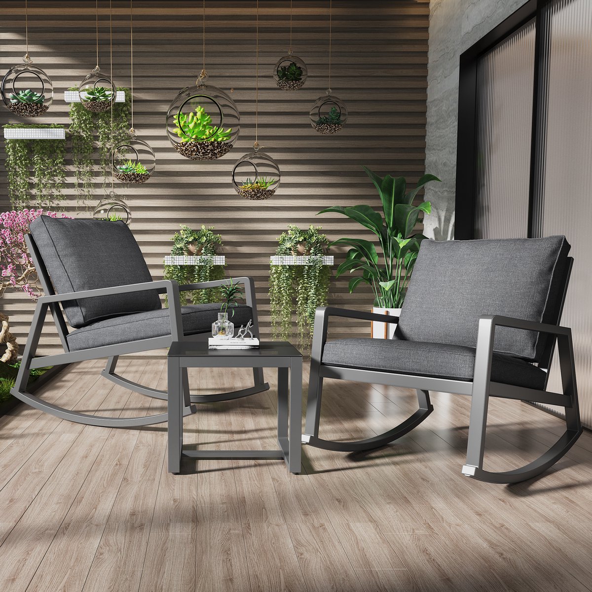 YJZQ 3-delige schommelstoel en glazen salontafel patio tuinmeubilair set -2 schommelstoelen en 1 glazen salontafel met dikke kussens voor achtertuin veranda zwembad grijs