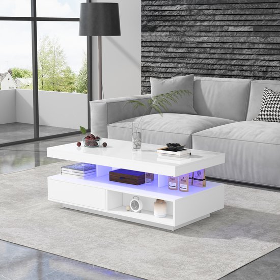 Sweiko Witte hoogglans salontafel 95x50x42.5 cm, 4 glazen werkbladen, 2 lades en 2 open vakken, Woonkamer tafel, sofa tafel, basiskast voor woonkamer