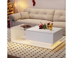 Sweiko Hoogglans Witte Salontafel met LED Verlichting, 100x50x32cm met glazen aanrecht en laden, woonkamer tafel, krasbestendig, met 1-lade, moderne stijl