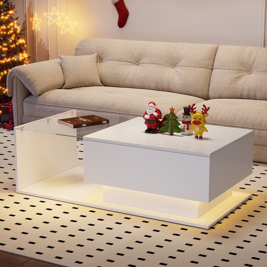 Table basse Sweiko Witte brillant avec Siècle des Lumières LED , 100x50x32cm avec plateau en verre et tiroirs, table de salon, résistante aux rayures, avec 1 tiroir, style moderne