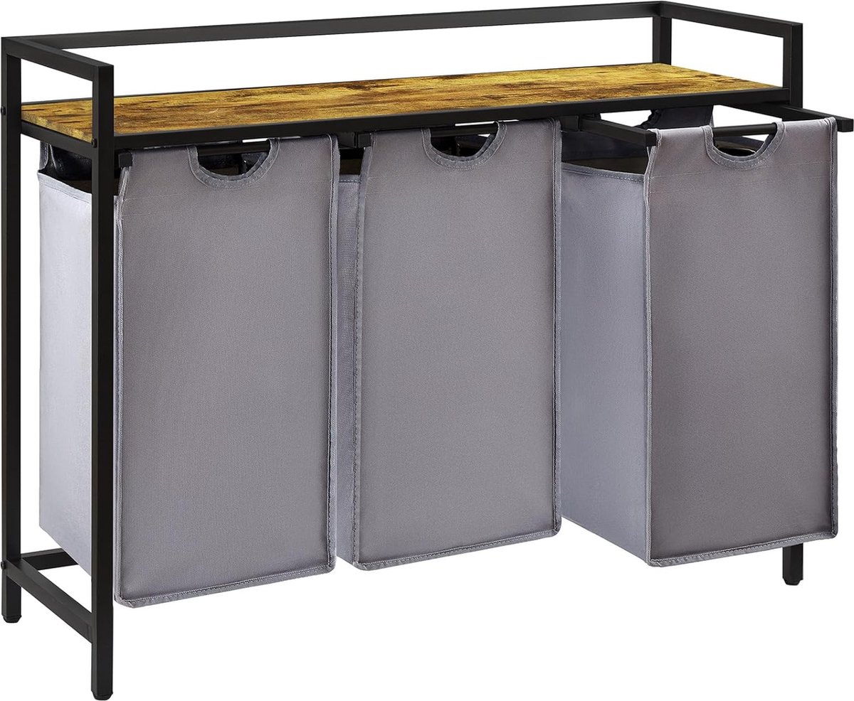 Goedkoopste Wasmand 3 vakken voor 120 liter wasmand met opbergruimte en uittrekbare zakken, wassorteerder voor wasruimte, slaapkamer, badkamer, slaapzaal, grijs