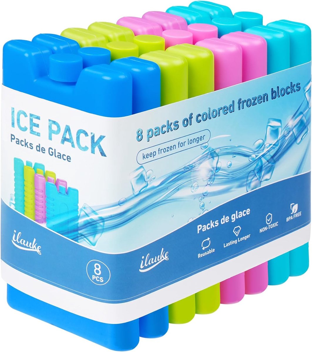 8 ijspakketten koeltas, 200ML ijspakketten voor koeltas lange koeling, koelpakket voor de lunchbox in 4 kleuren voor lunch, koeltas en koelbox, taartdoos, 160 x 90 x 21 mm