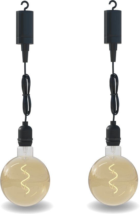 Calex Hanglamp voor buiten - 2 Stuks - Pendel Buitenverlichting op batterij - Goud - Filament Lichtbron - Zwart - Sierlamp - Decoratief - 4 lumen Zachte lichtoutput