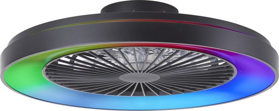 Zwarte plafondventilator met RGB-verlichting die van kleur verandert: groen, geel, rood, paars.