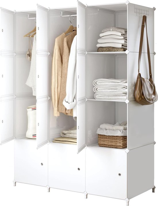 draagbare kledingkast, ruimtebesparende modulaire kunststof kast met deuren met ophangstang, ideale boekenkast, woonkamer, slaapkamer, kinderkamer, 12 kubussen