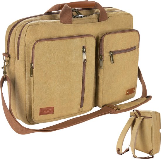 Foto: Brubaker vintage schoudertas safari poly canvas briefcases voor mannen en vrouwen retro laptoptas zakentas met rugzakfunctie 3 in 1 messenger bag bag bruin