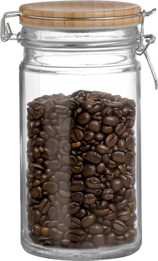 Bocal en verre de 1 litre avec couvercle en bambou, fermeture à levier, rempli de grains de café.