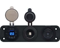 ProRide 12V USB Autolader 3 Poorten - QC3.0 - Drievoudig inbouw paneel - Sigaretten stopcontact en Schakelaar