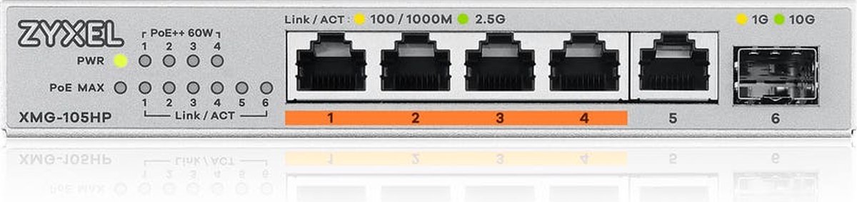Zyxel XMG-105HP Unmanaged 2.5G Ethernet (100/1000/2500) Power over Ethernet (PoE) Zilver