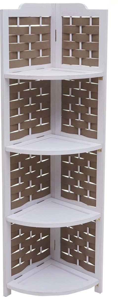 Hoekplank MCW-K85, staande plank, uitklapbaar 4 planken, paulowniahout 110cm ~ wit, vlechtwerk bruin