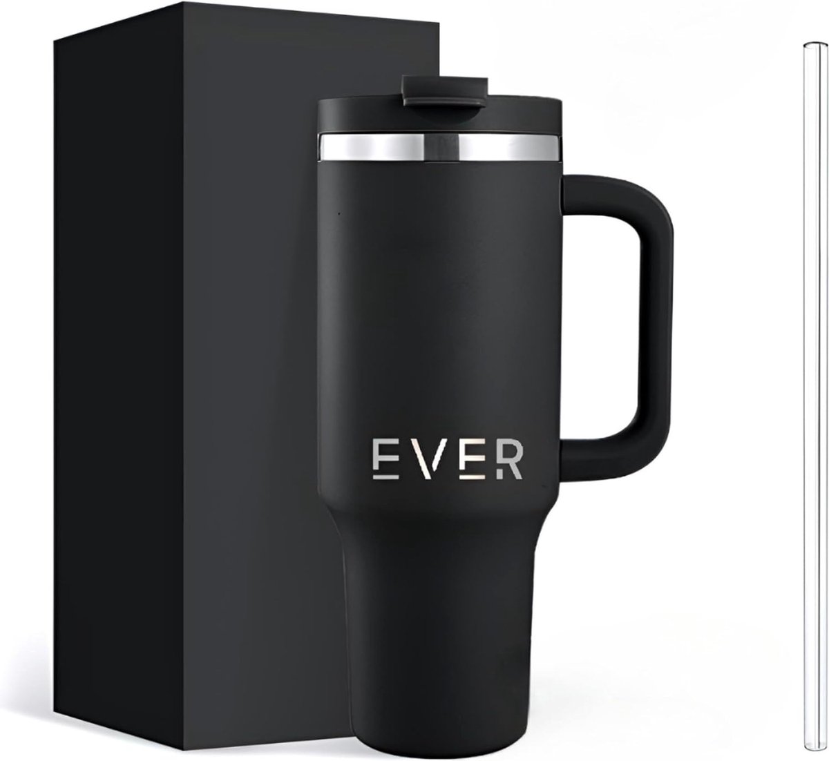 Koffiebeker om mee te nemen lekvrij deksel dubbelwandige roestvrijstalen vacuüm-isolatiebeker met handvat en rietje autobeker thermobeker koffiebeker voor warme en koude dranken 1182 ml