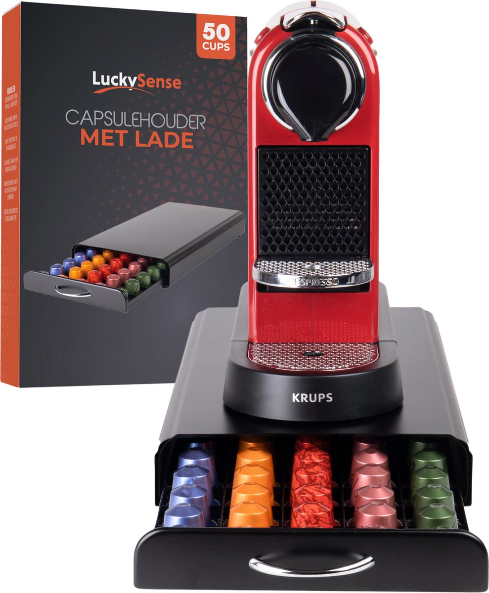 LuckySense Capsulehouder met Lade – Koffiecups houder – Geschikt voor Nespresso – 50 Cups RVS Zwart