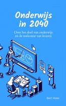 Boek "Onderwijs in 2040" met een robot en leerling bij een digitaal schoolbord.