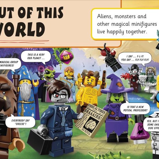 Groep magische minifiguren in kleurrijke kostuums, waaronder een tovenaar, een monster en een astronaut.