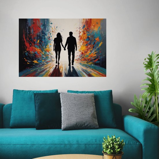 Main dans la main dans un monde de portrait en couleur - Portrait de couple - Peinture sur toile Personnes - Décoration murale industrielle - Toile avec cadre de cuisson cuisine - Toile de Décoration murale avec cadre de cuisson 100x75 cm