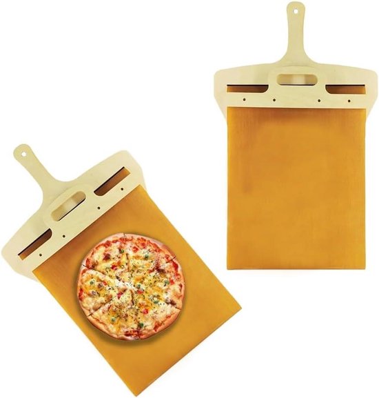 Foto: Schuifbare houten pizzaschep met handvat non stick pizzaschuiver voor in de oven bakken in de keuken