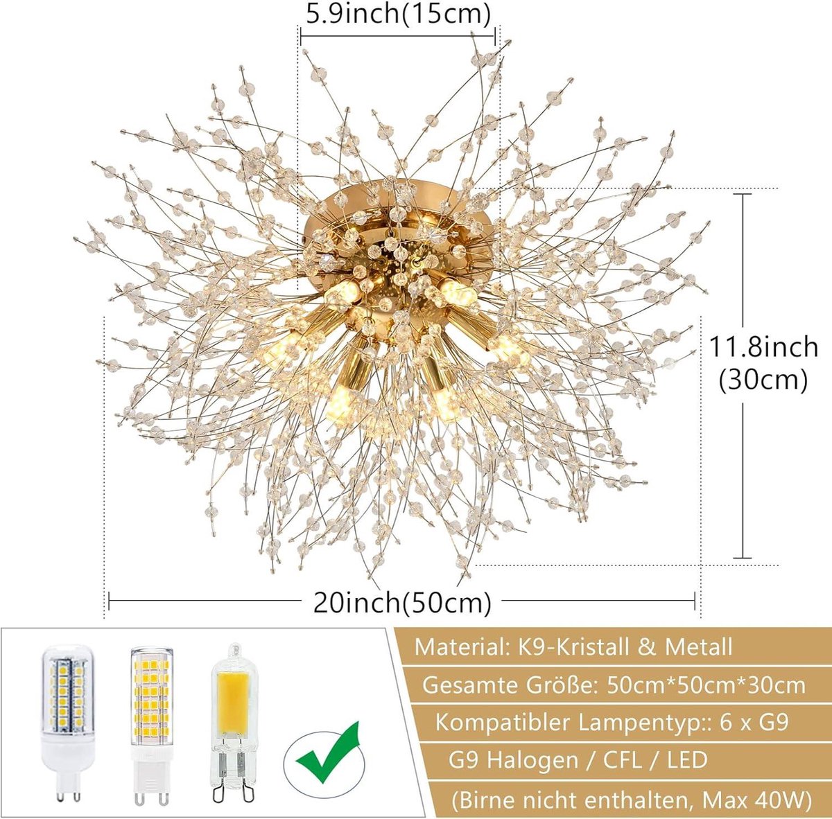 Rayofly Modern Kristallen Plafondlampje, Vuurwerk Paardenbloem Sputnik Kroonluchter 6 Vlammend Dimbaar Gouden Hanglamp, Hanglamp voor Slaapkamer, Woonkamer, Eetkamer, Keuken, Hal