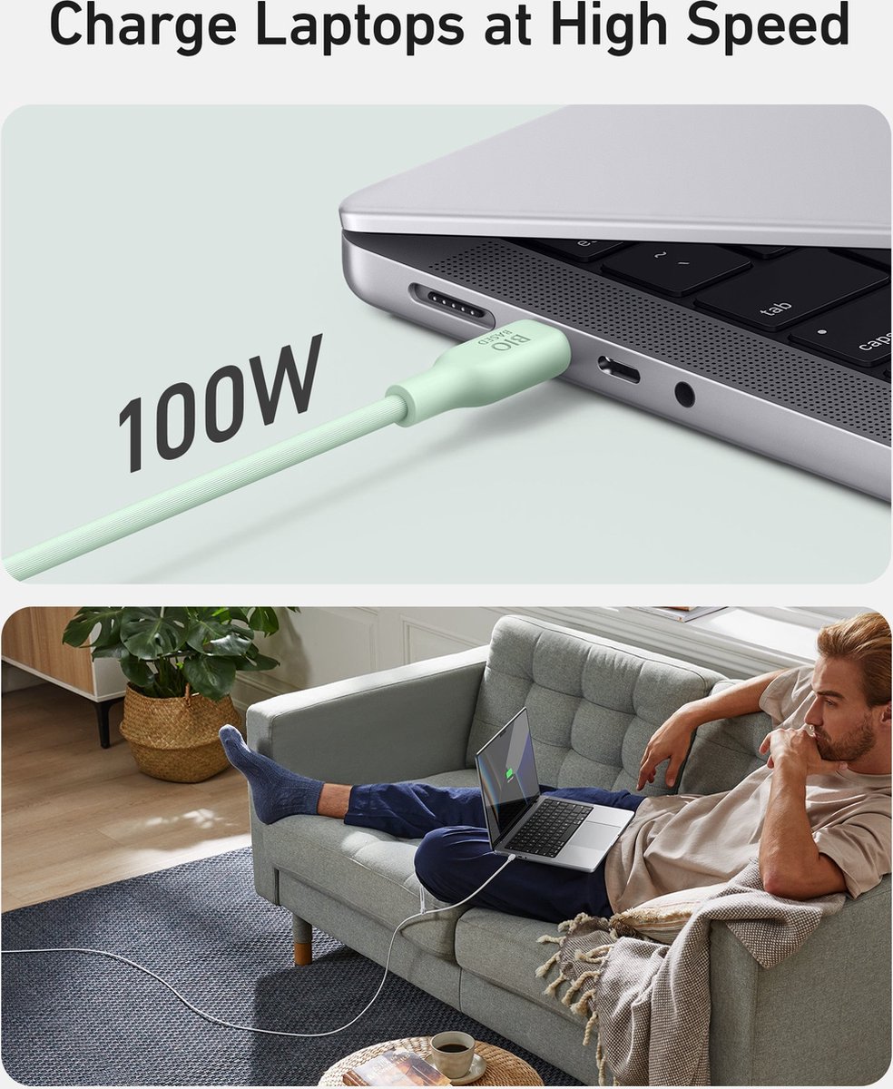 USB-C naar USB-C kabel 180 cm 100W snelladen biologisch duurzaam compatibel MacBook iPad Samsung - Afbeelding 2