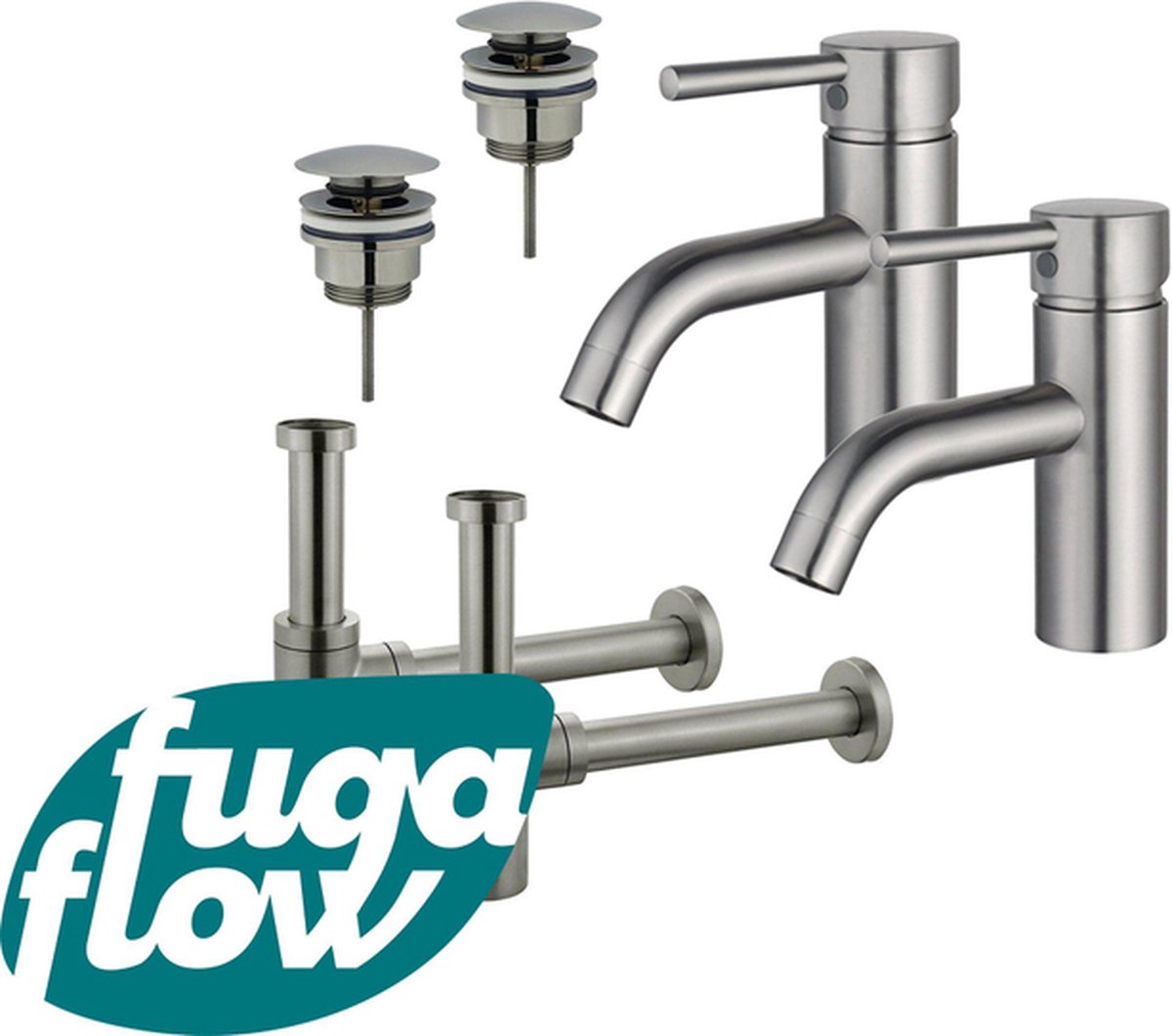 FugaFlow Eccelente Sobrado Badkamer Wastafelkraanset voor dubbele wastafel lage wastafelkraan klikwaste plug design sifon PVD Geborsteld RVS