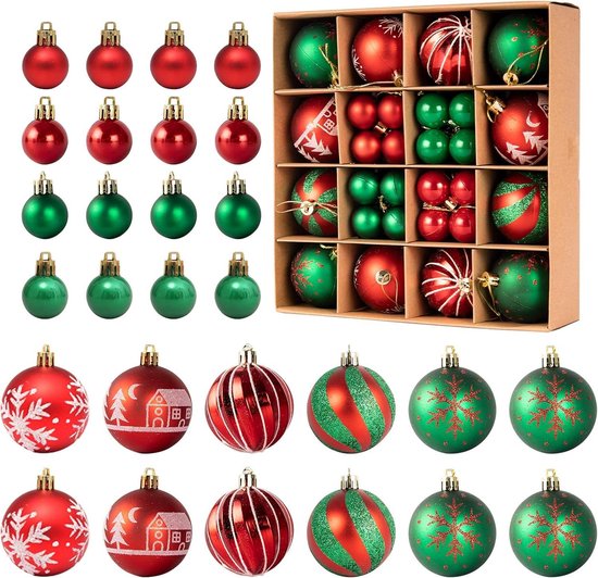 Foto: 44 stuks weerbestendige kerstballen voor festivaldecoraties traditioneel thema rood en groen