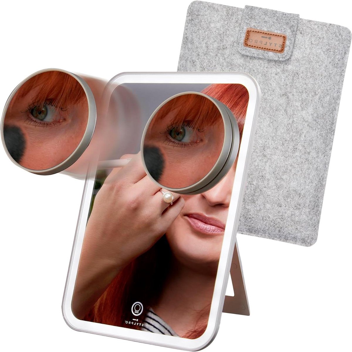 10x Vergrotende Make-upspiegel met Touchscreen Knop en Dimbare LED-verlichting Oplaadbaar Verstelbare Standaard Luxe Reiskoffer USB-oplaadkabel