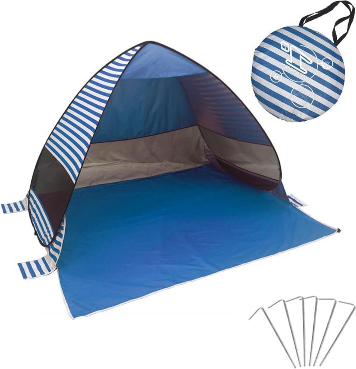 Pop-up strandschelptent voor 2 personen UV-bescherming - 200 x 165 x 130 cm - met opbergtas en haringen - strandtent voor zonwering - Dark Blue Stripes Beach Tent