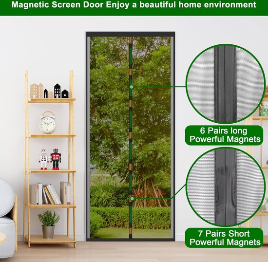 Gemagnetiseerd gaas deurgordijn 240 x 235 cm Magnetische hordeur Magneten Sluiten Automatisch voor balkondeur Slaapkamer Terrasdeur, Zwart