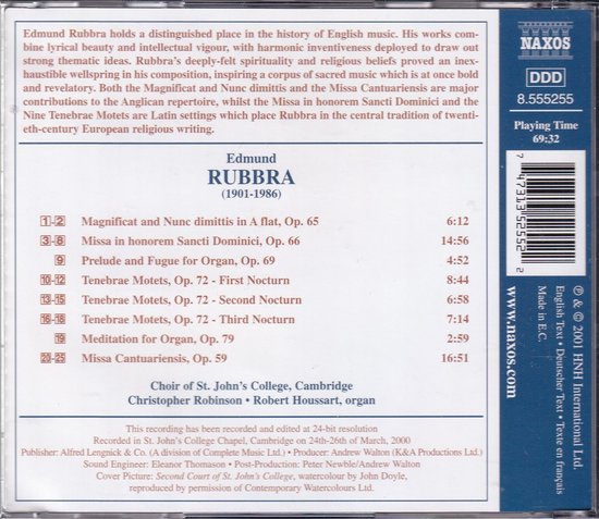 Choral Music - Edmund Rubbra - Choir of St. John's college Cambridge o.l.v. Christopher Robinson - Robert Houssart bespeelt het orgel