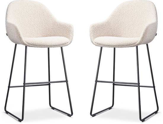Nolon Nino-Mae Set de 2 Tabourets de bar Bouclé Beige - Piètement Zwart - 65 cm - Tissu - Pour îlot de Cuisine - avec Dossier - Design - Scandinave - Confortable
