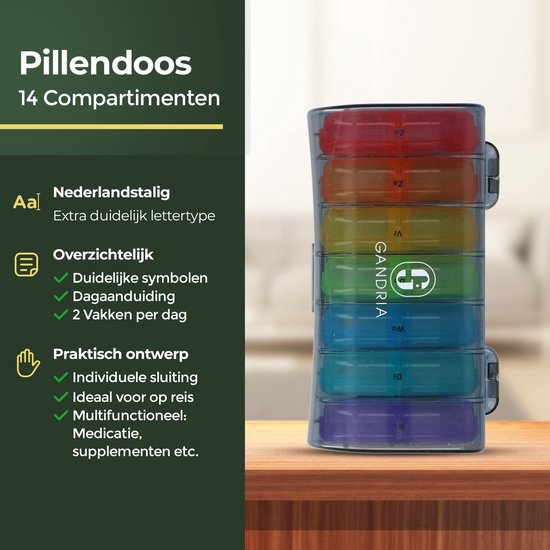 Gandria Pilulier 7 Jours - Pilulier Amovible - Boîte à Médicaments avec 14 Compartiments - Boîte à Médicaments avec Fermeture Robuste - 2 Compartiments par Jour - 7 Couleurs