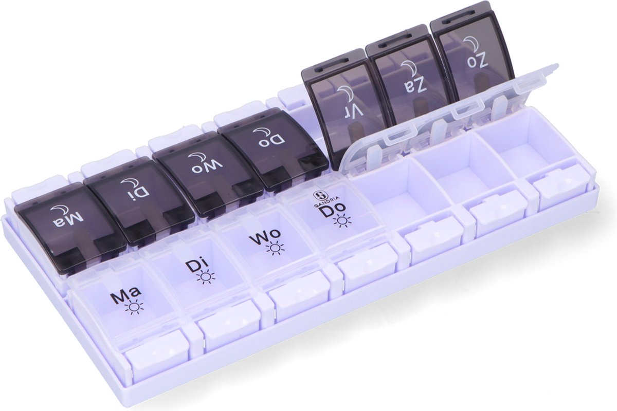 Goedkoopste Gandria Pillendoos 7 Dagen - Pillendoosje - Pillesdoosjes met 14 Compartimenten - Medicijndoos met Stevige Sluiting - Grote vakken - Zwart/Wit