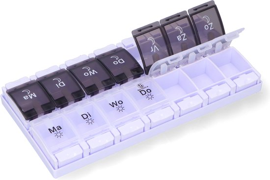 Gandria Pilulier 7 Jours - Pilulier - Pilulier avec 14 Compartiments - Boîte à Médicaments avec Fermeture Robuste - Sans Poussière - Zwart/ Wit