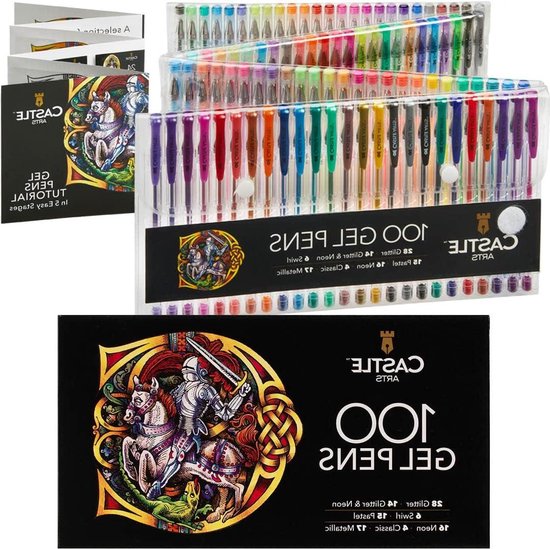Castle Art Supplies 100 gelpennen voor volwassen kleurset | Premium verpakt | Tekenen, Plakboeken, Tijdschriften | Verbazingwekkende kleuren, effecten - Swirl, Glitter, Neon, Pastel, Metallic