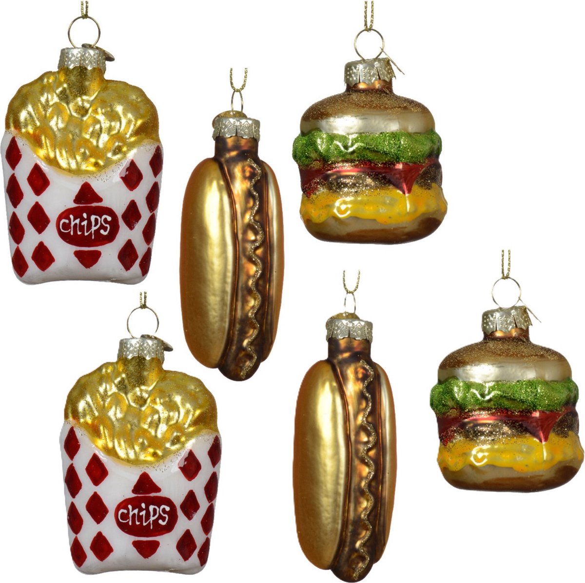 Decoris Kersthangers snacks - 6x stuks - goud - glas - patat - hotdog - hamburger Goudkleurig