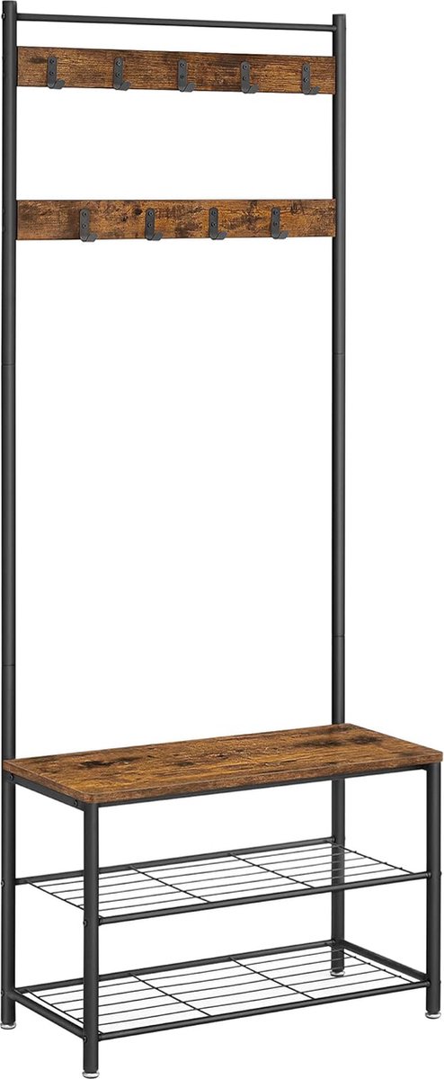 FurnStar - Kapstok - kapstok met schoenenopbergbank - halboom met schoenenrek - 3-in-1 ontwerp - stalen frame - voor hal - entree - 32 x 70 x 177 cm - industrieel - Rustiek bruin + zwart