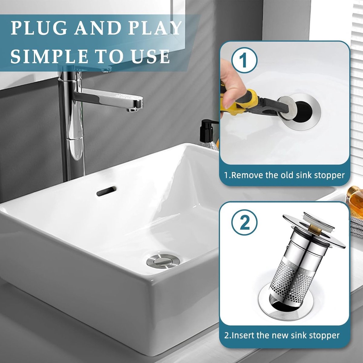 Wastafelstopper, wastafelstop voor wastafel voor 34-40 mm afvoer, afvoerstop wastafel met haarzeef, universele pop-up afvoerzeef, douche, snel afvoerend (met haarfilter