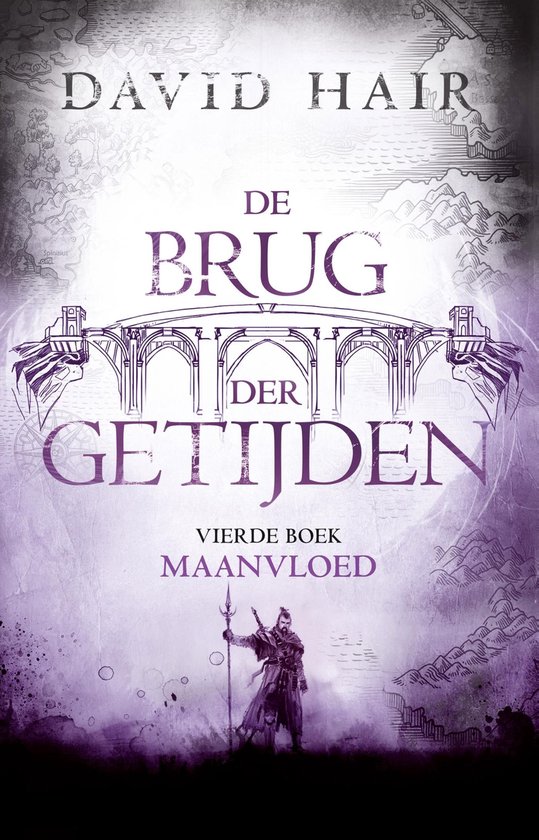 Een fantasyboek met een brug en een krijger op de voorkant, in paarse tinten.