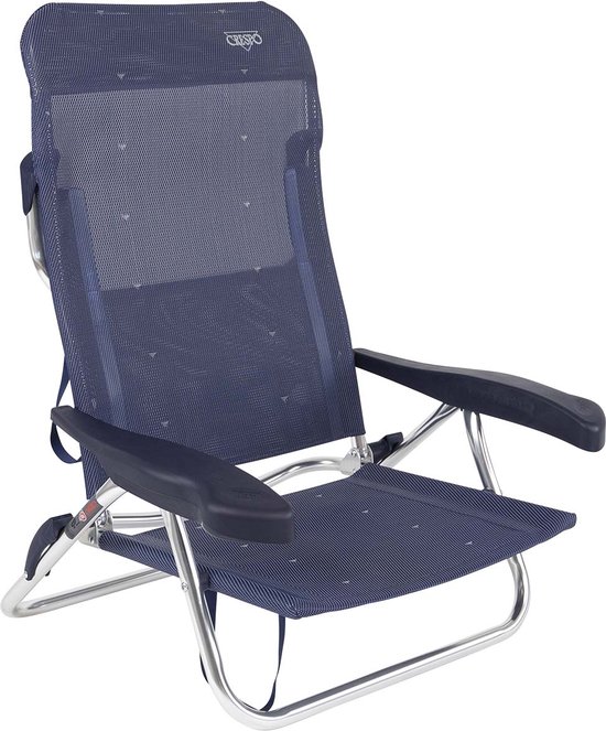 Donkerblauwe campingstoel met geborduurd logo 'Crespo', hoge rugleuning en aluminium frame.