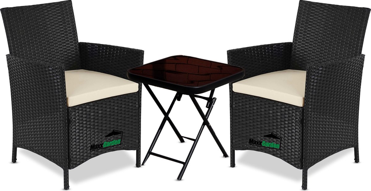 MaxxGarden Tuinset - Set van 2 Tuinstoel + bijzettafel - Wicker 3 delig - rattan met kussens - Zwart